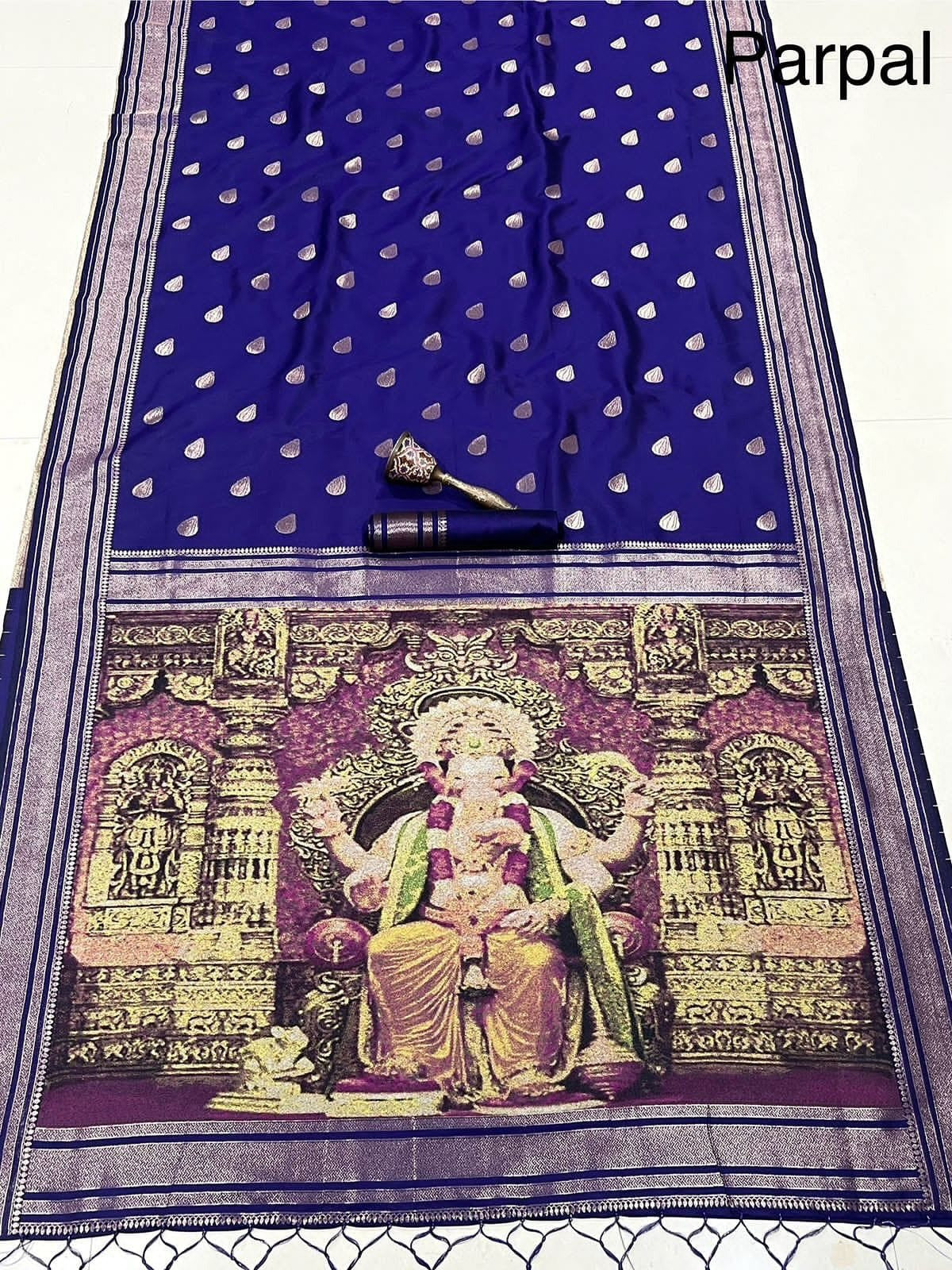 Blue paithani silk ganpati design saree