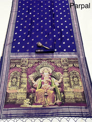 Blue paithani silk ganpati design saree