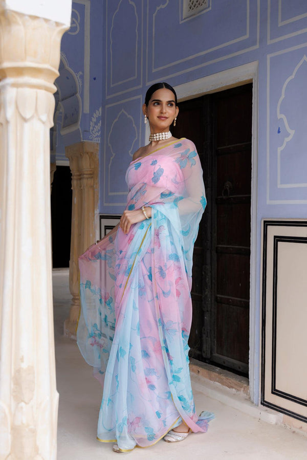 Blue Pink Shaded Hand Painted Floral Chiffon Saree