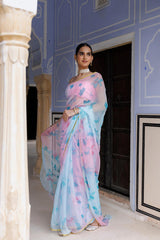 Blue Pink Shaded Hand Painted Floral Chiffon Saree