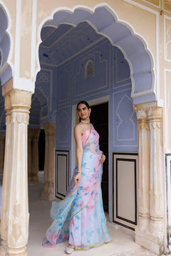 Blue Pink Shaded Hand Painted Floral Chiffon Saree
