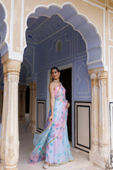 Blue Pink Shaded Hand Painted Floral Chiffon Saree