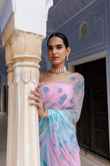 Blue Pink Shaded Hand Painted Floral Chiffon Saree