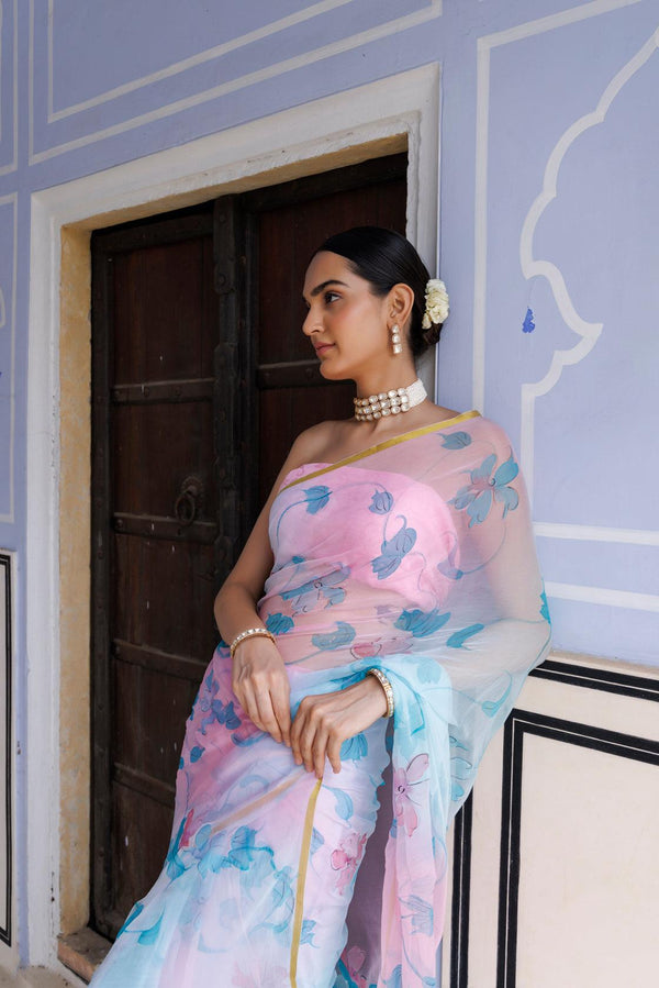 Blue Pink Shaded Hand Painted Floral Chiffon Saree