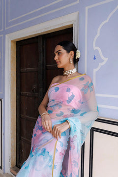 Blue Pink Shaded Hand Painted Floral Chiffon Saree