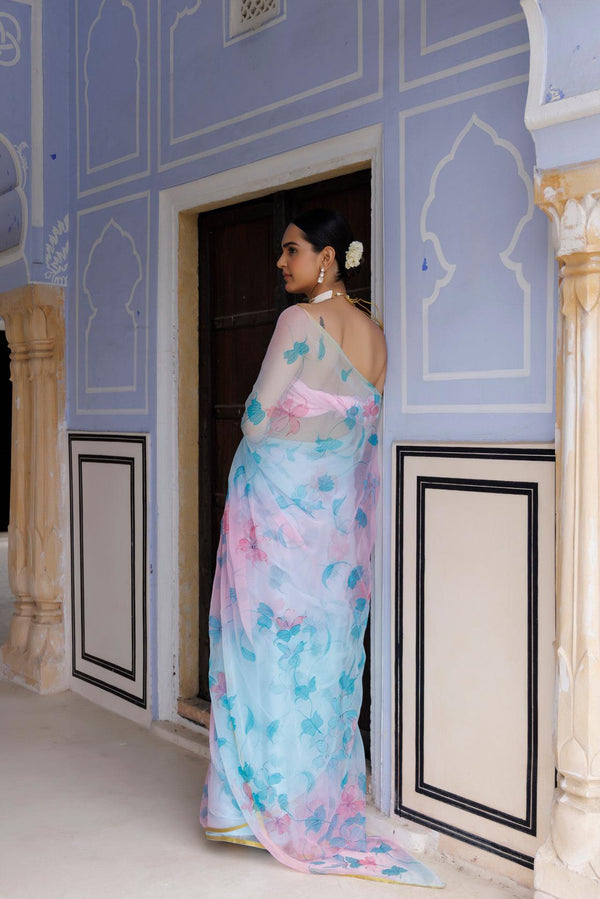 Blue Pink Shaded Hand Painted Floral Chiffon Saree