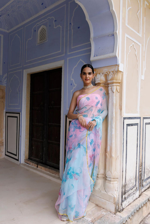Blue Pink Shaded Hand Painted Floral Chiffon Saree