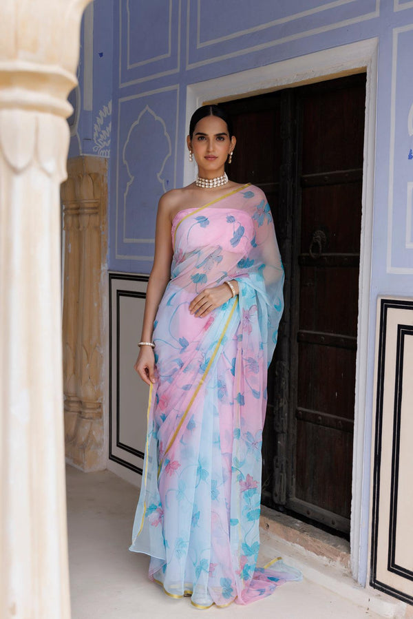 Blue Pink Shaded Hand Painted Floral Chiffon Saree
