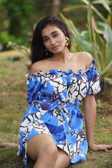Blue Pores Off-shoulder Dress With Belt