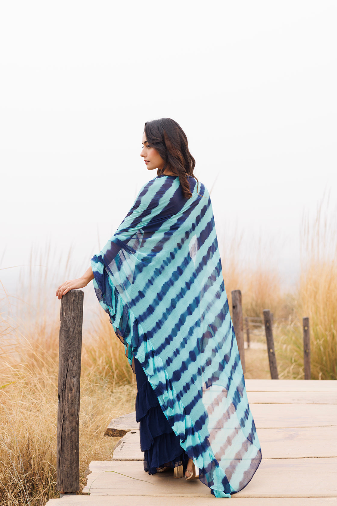 Blue Ruffle Leheriya Chiffon Saree  Stitched Leheriya Chiffon Saree