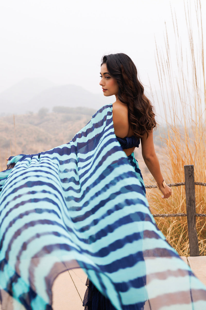 Blue Ruffle Leheriya Chiffon Saree  Stitched Leheriya Chiffon Saree