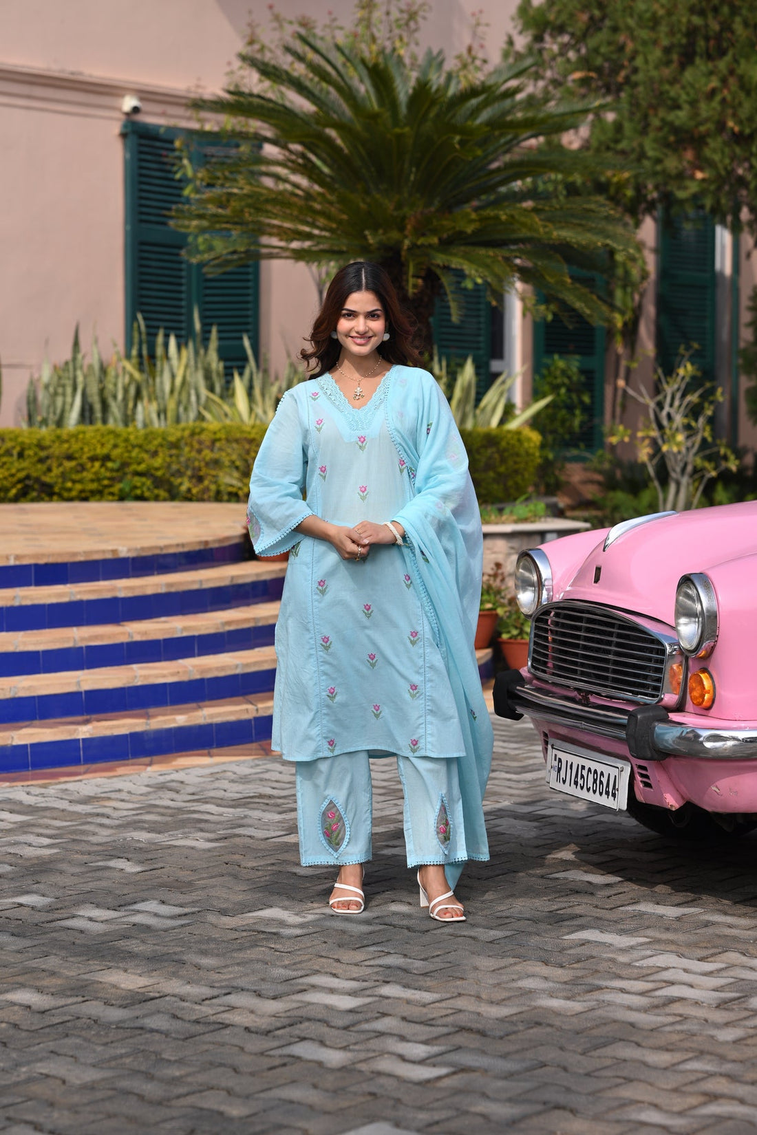 Blue Valley Mul Cotton Cross Stitch Suit Set