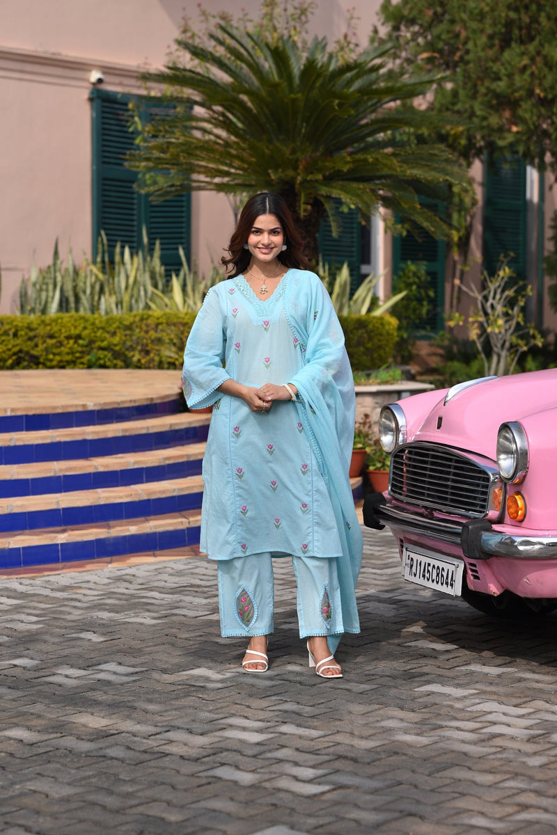 Blue Valley Mul Cotton Cross Stitch Suit Set