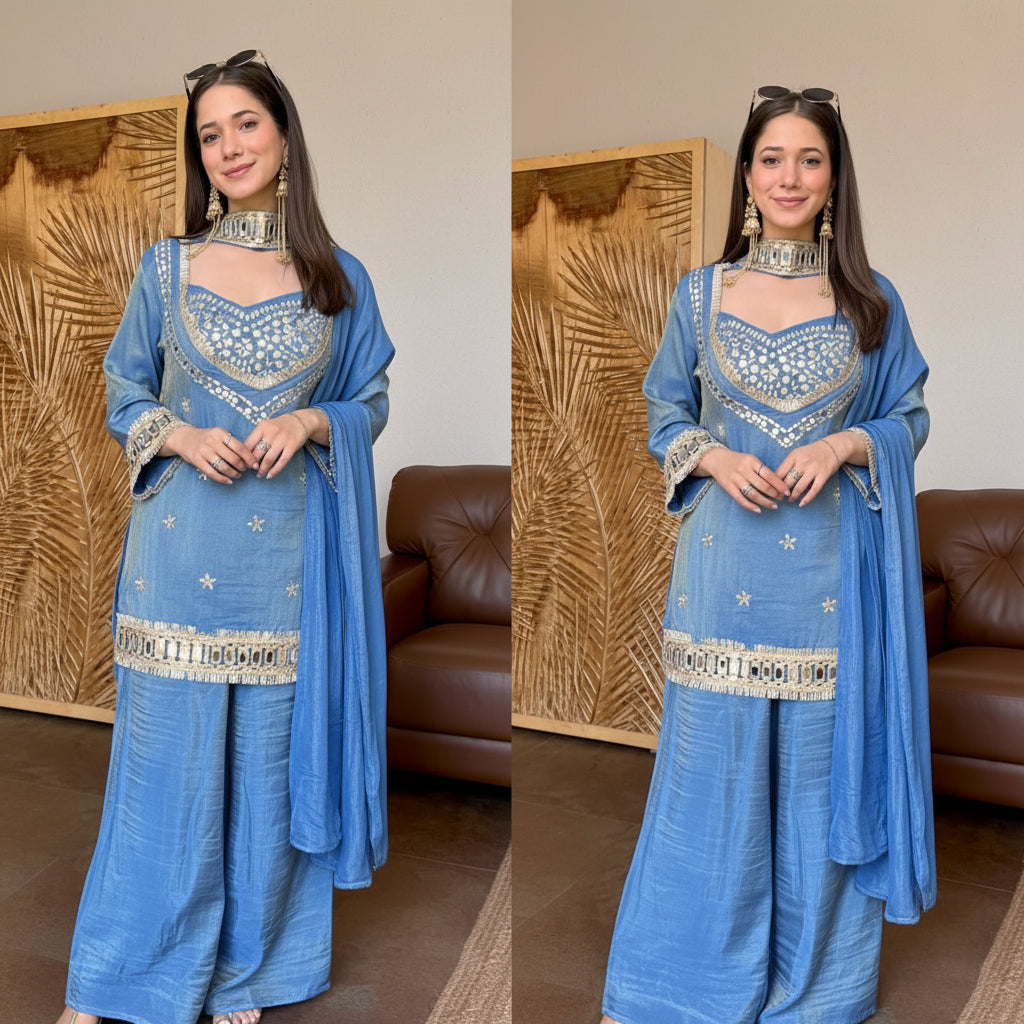 Steel Blue Tissue 4-Piece Bustier Set with Mirror Work & Choker Dupatta