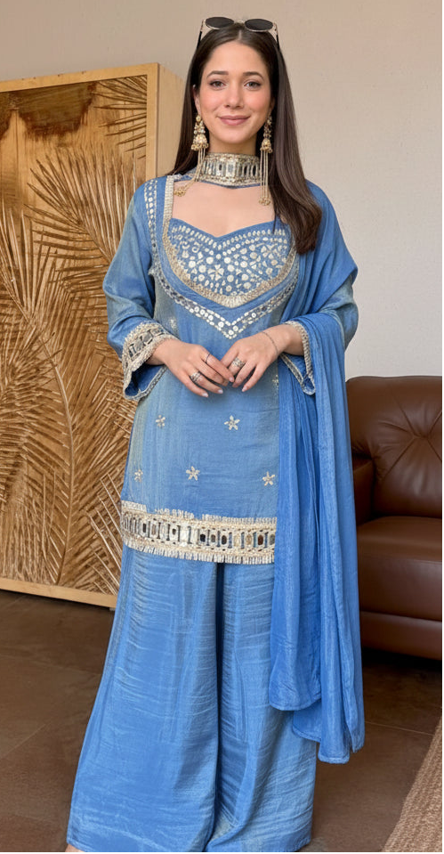 Steel Blue Tissue 4-Piece Bustier Set with Mirror Work & Choker Dupatta