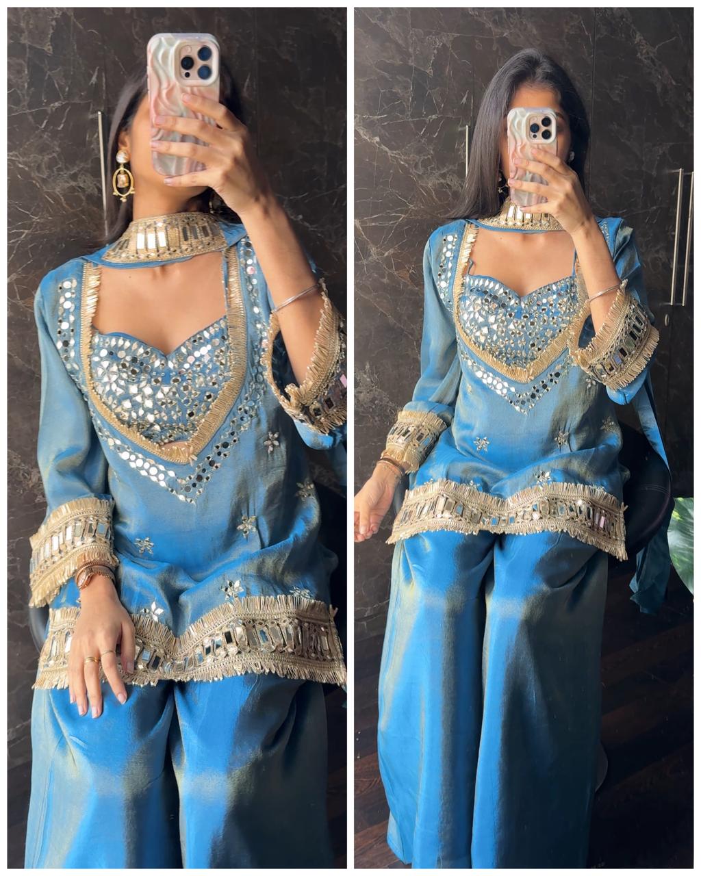 Steel Blue Tissue 4-Piece Bustier Set with Mirror Work & Choker Dupatta