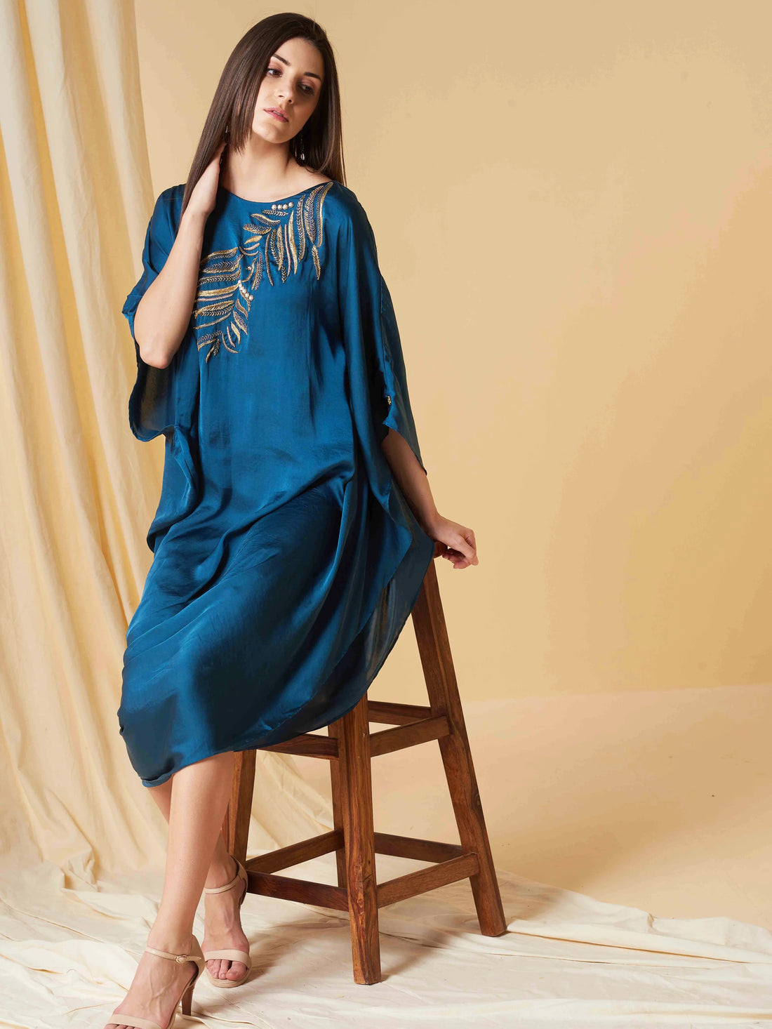 Prussian Blue Quilla Draped Dress with Embroidered Neckline