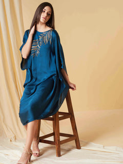 Prussian Blue Quilla Draped Dress with Embroidered Neckline