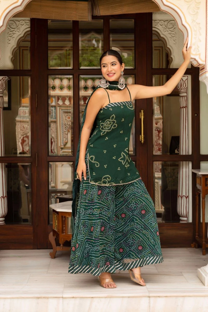 Women's Bottle Green Short Kurta and Palazzo Set