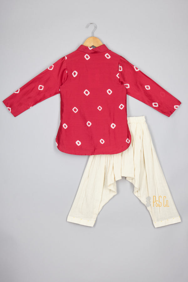 Boys Red Bandhej Kurta and Patiala