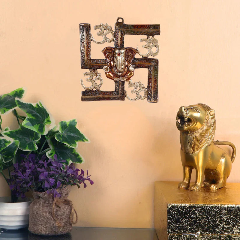 7.6 Inch Alluring Pure Brass Om Swastik Ganesh Wall Hanging