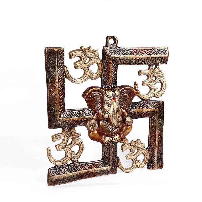 7.6 Inch Alluring Pure Brass Om Swastik Ganesh Wall Hanging