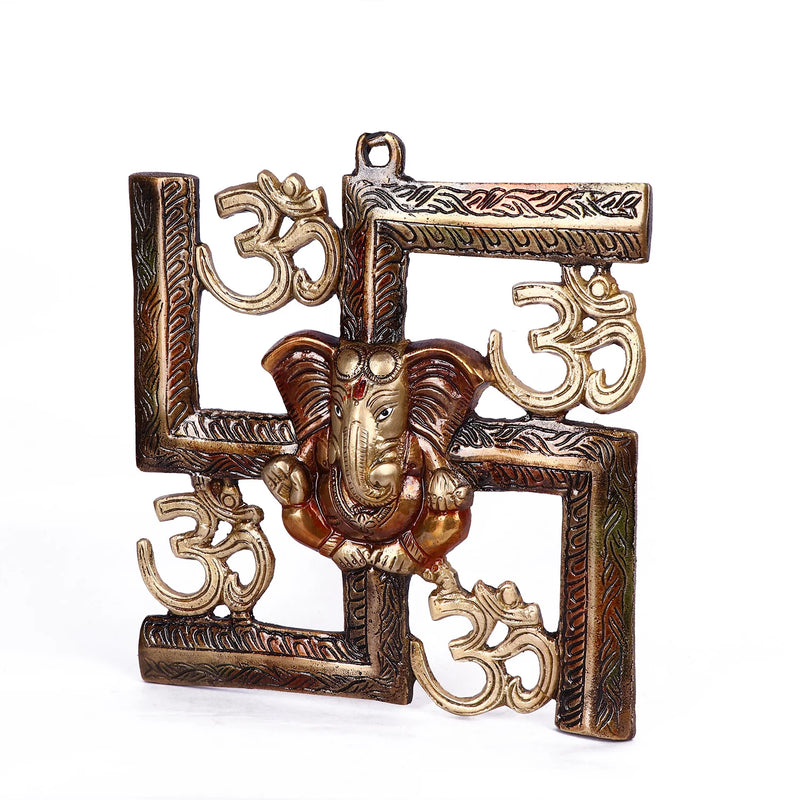 7.6 Inch Alluring Pure Brass Om Swastik Ganesh Wall Hanging