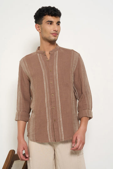 Brown Relaxed Fit Striped Full Sleeve Shirt Men