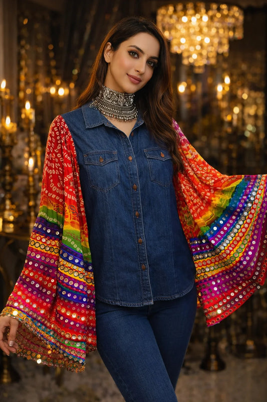 Fusion Denim Peplum shirt with Bandhani Silk Frill & Zari Accents