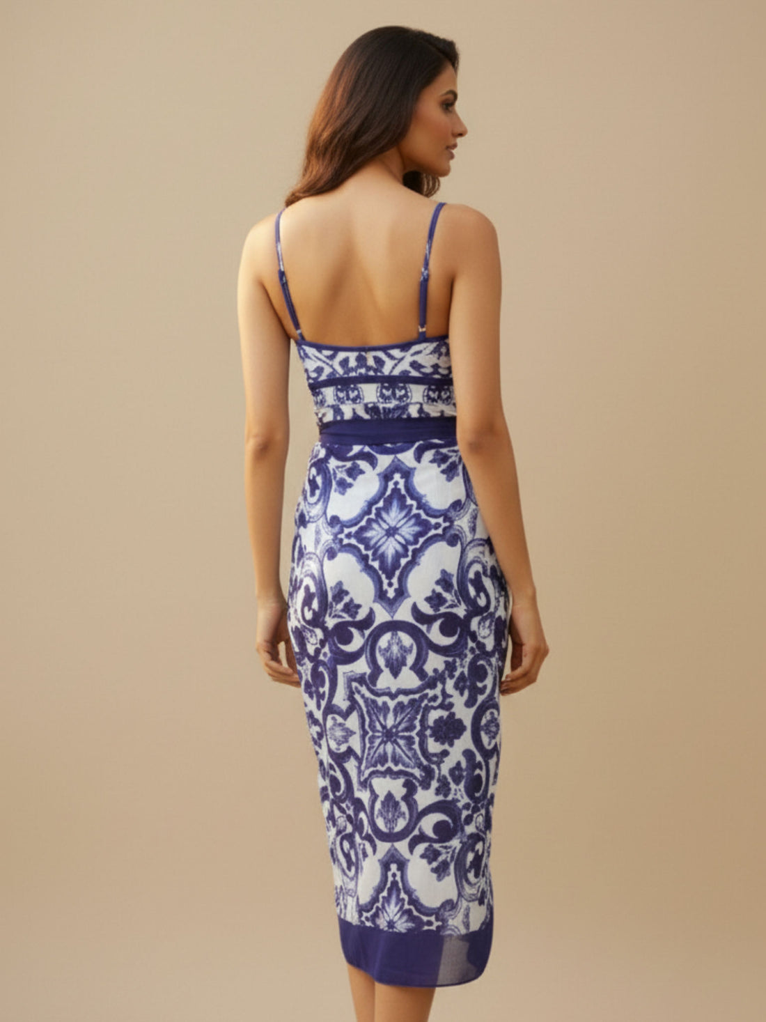 Azure Mosaic Tie-Waist Wrap Midi Dress for Women