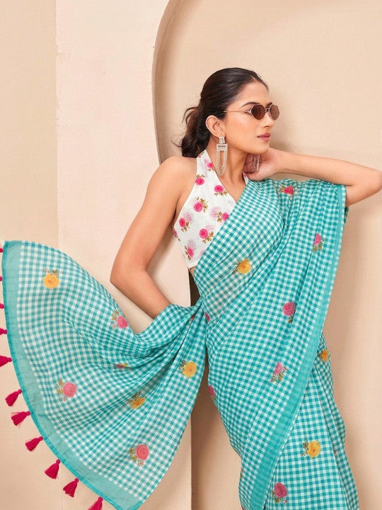 Silk  Floral Checked Woven Design Border Saree