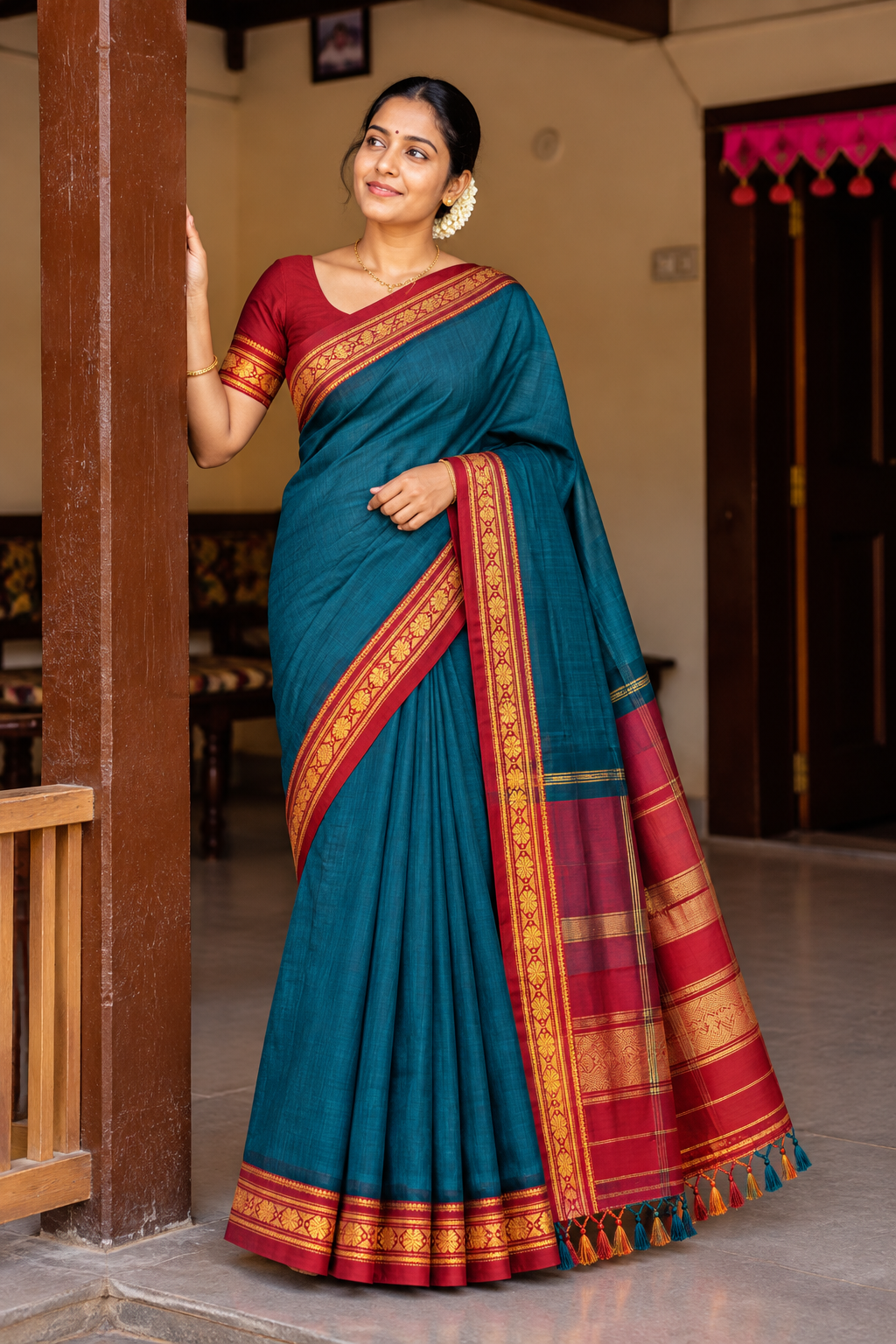 Handloom Cotton Silk Ilkal Saree With Pure Resham Pallu
