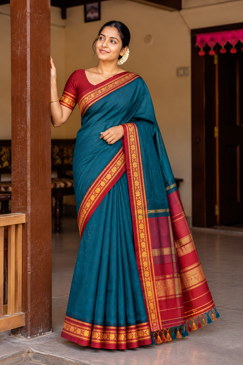 Handloom Cotton Silk Ilkal Saree With Pure Resham Pallu