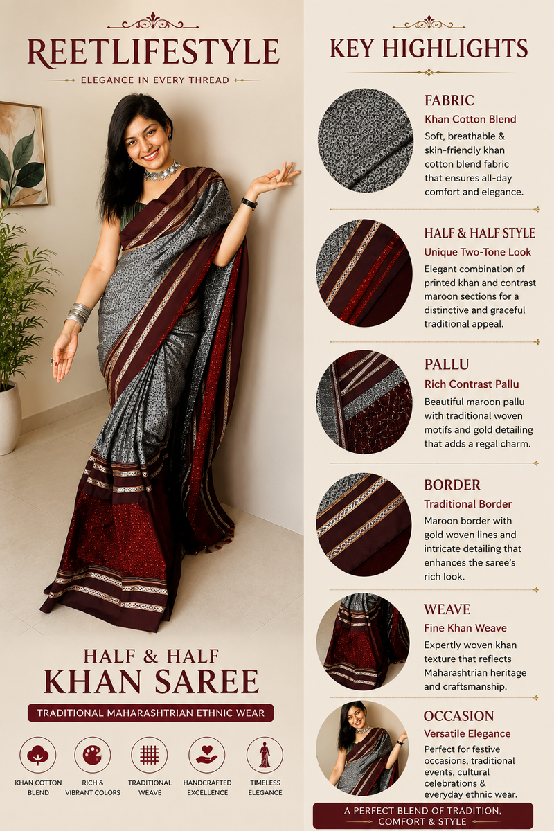 Khan Cotton Half & Half  Blend Saree with Grand Traditional Zari Border