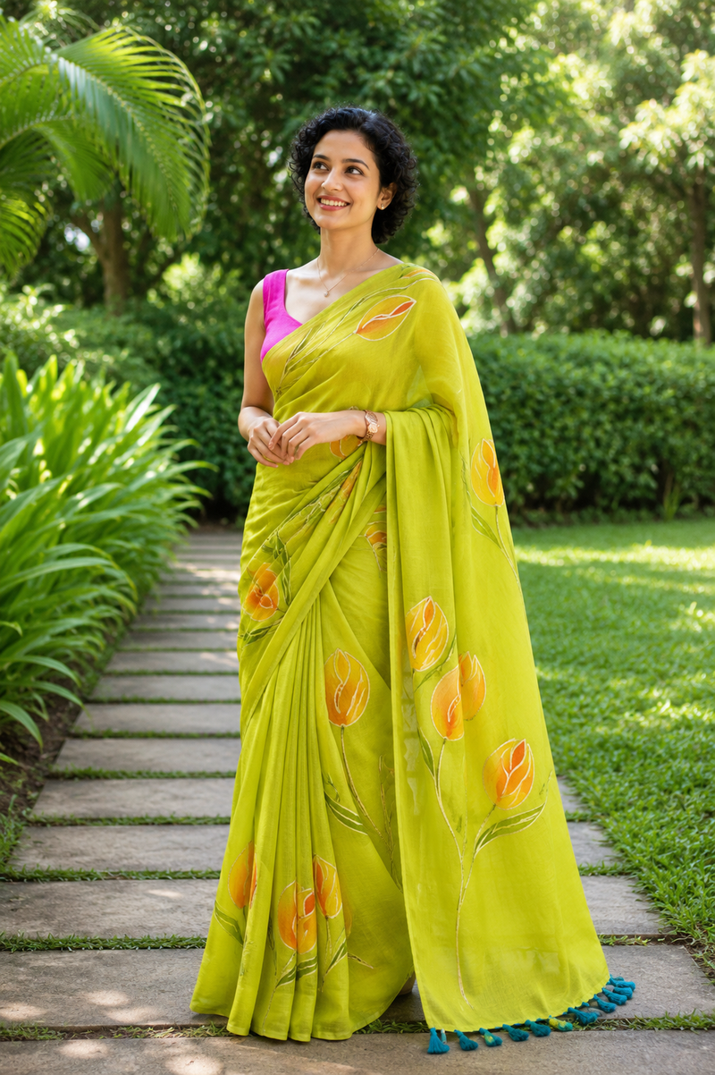 Sunshine Yellow Hand-Painted Tulip Mul Cotton Saree