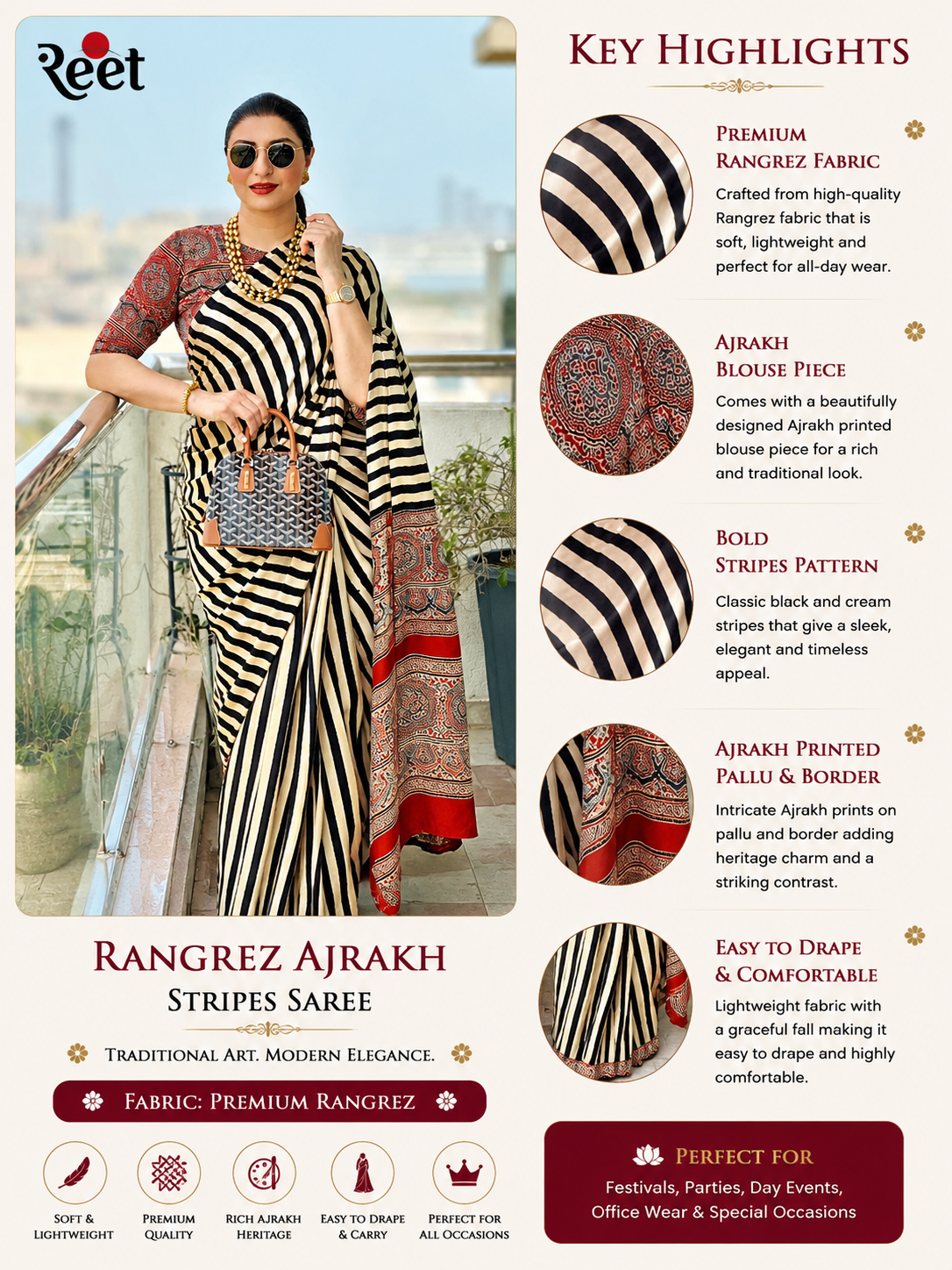 Rangrez Ajrakh Stripes Saree