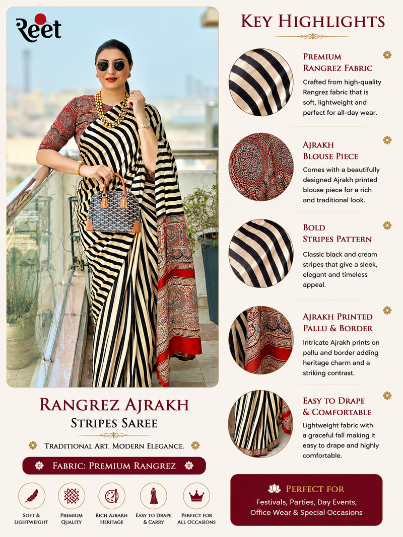 Rangrez Ajrakh Stripes Saree