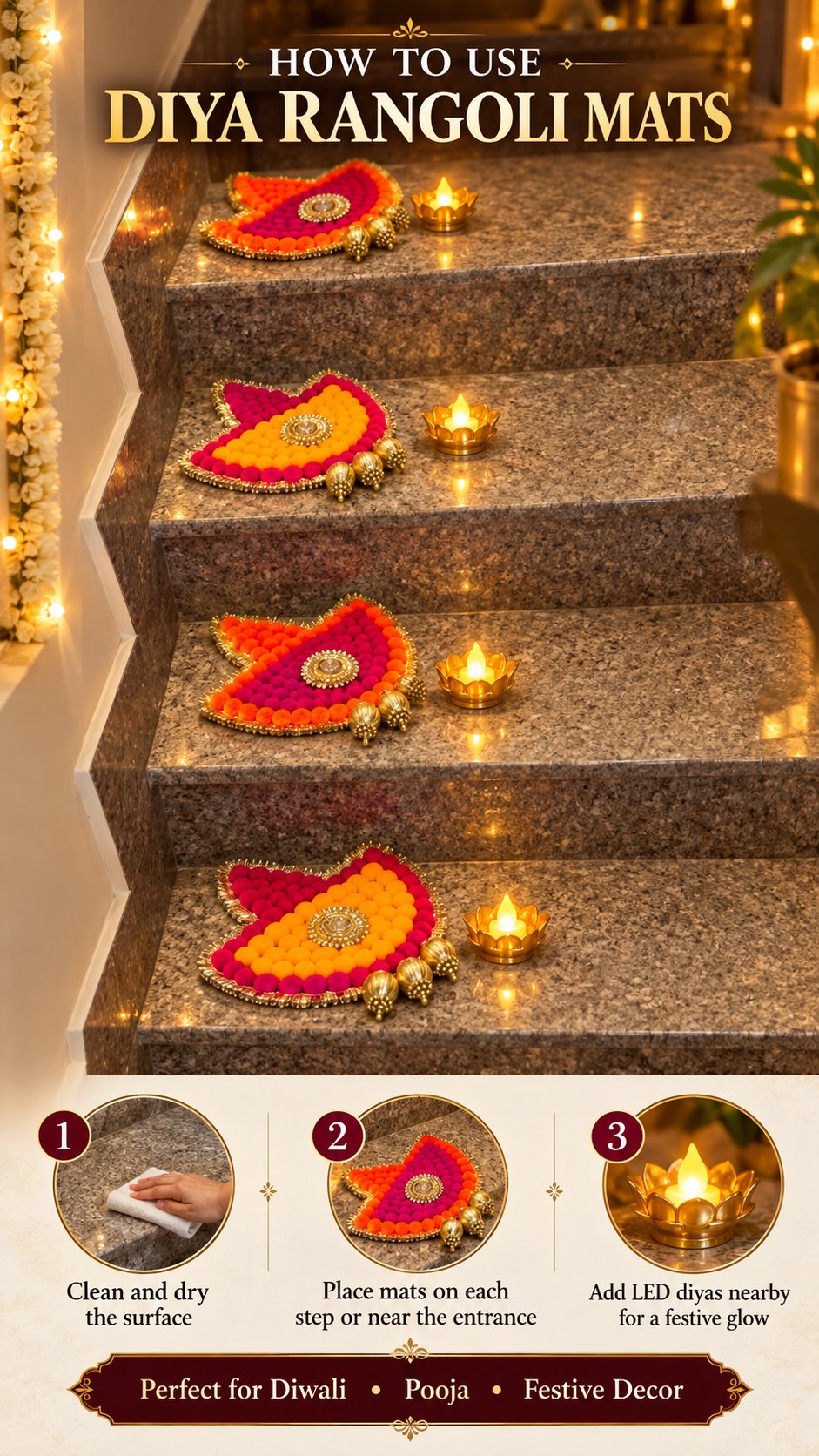Royal Festive Diya Rangoli Mats with Set of Decorative Pooja Mats