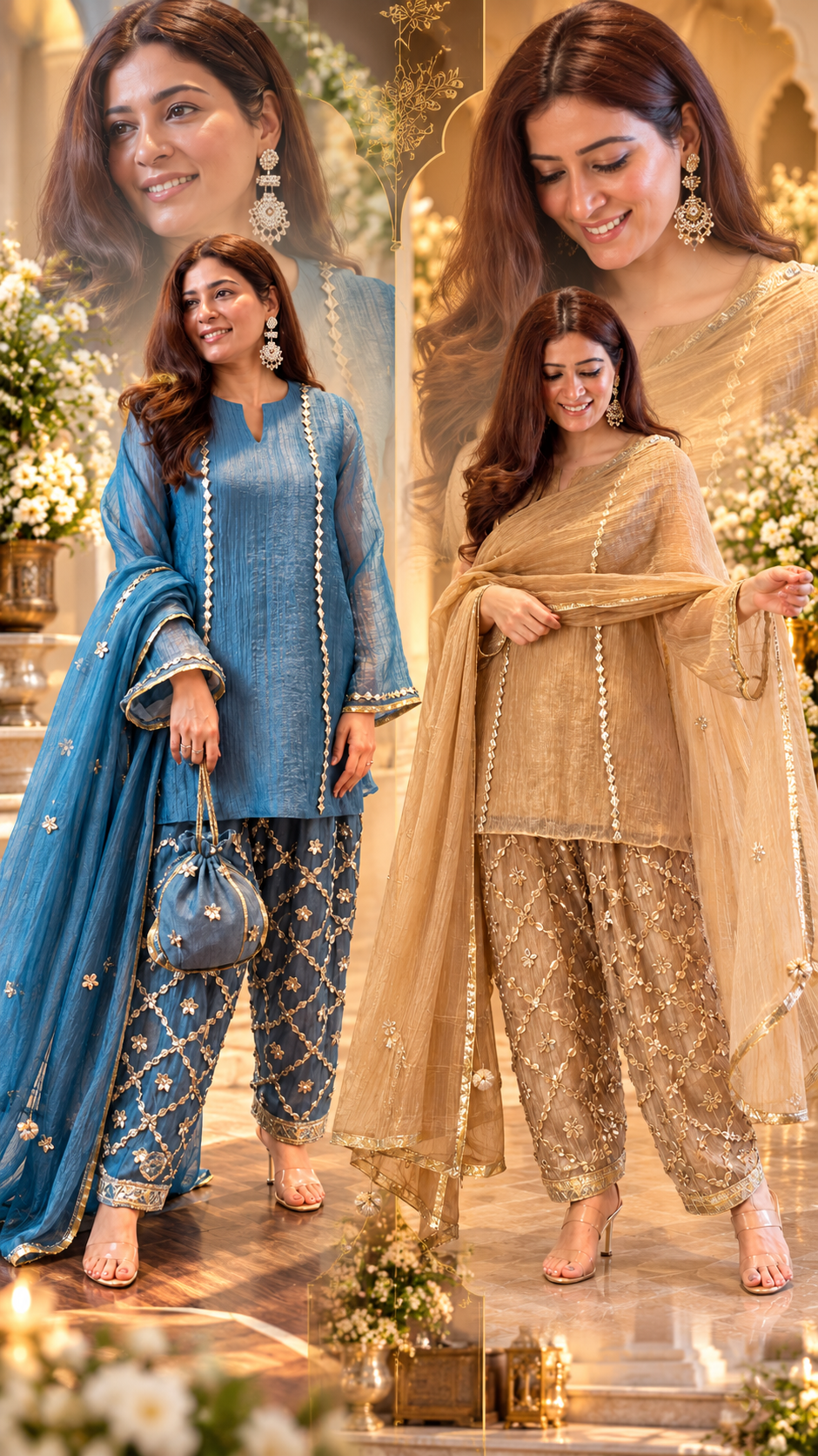 Royal Gota Patti Work Pakistani Kalidar Suit Set in Pure Crushed Tissue