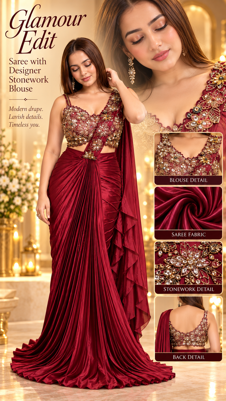 1. Glamour Edit Wine Saree with Designer Stonework Blouse
