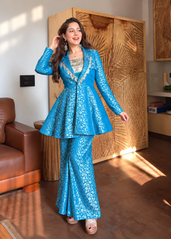 Azure Bloom Embroidered Western Fusion Set