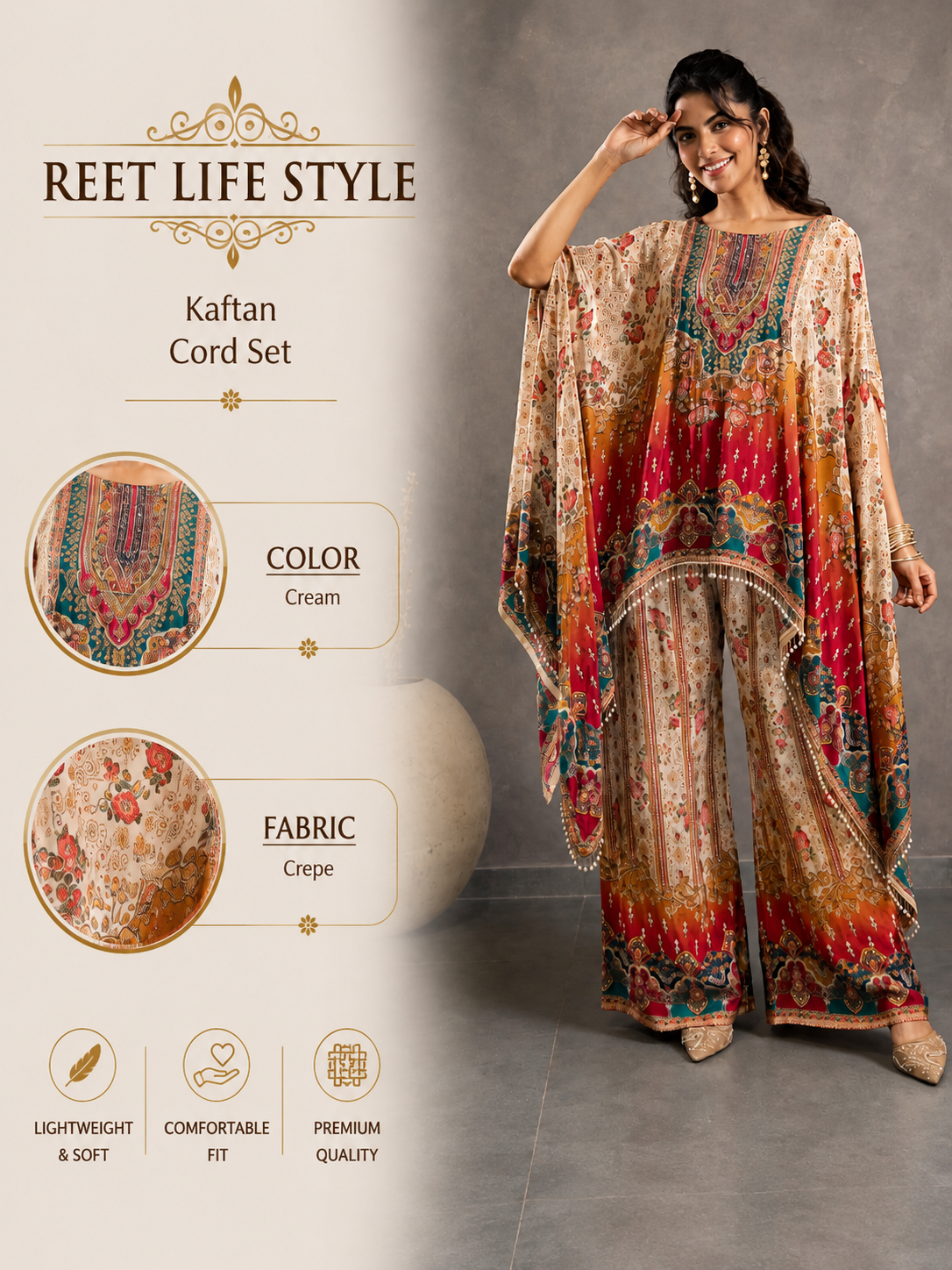 Jewel Print Crepe Kaftan Set
