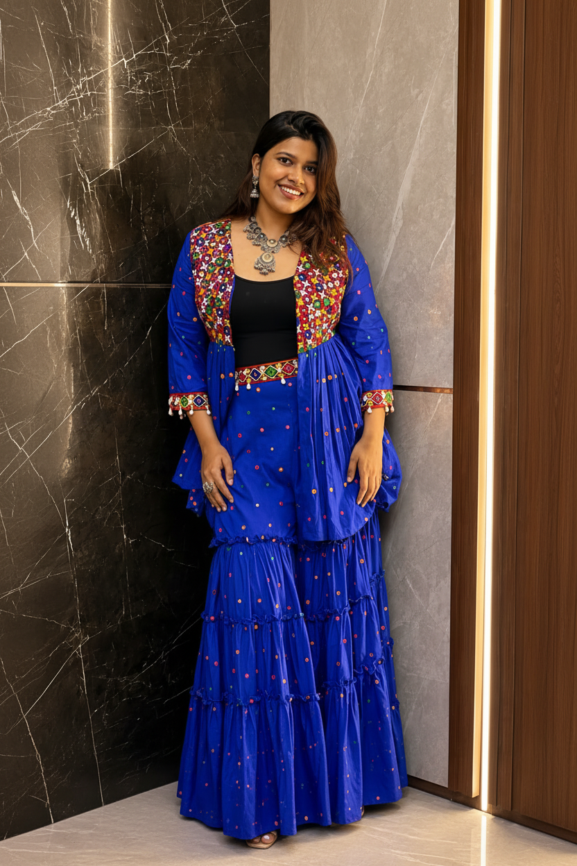 Royal Blue Kutchi Embroidered Peplum Sharara Set