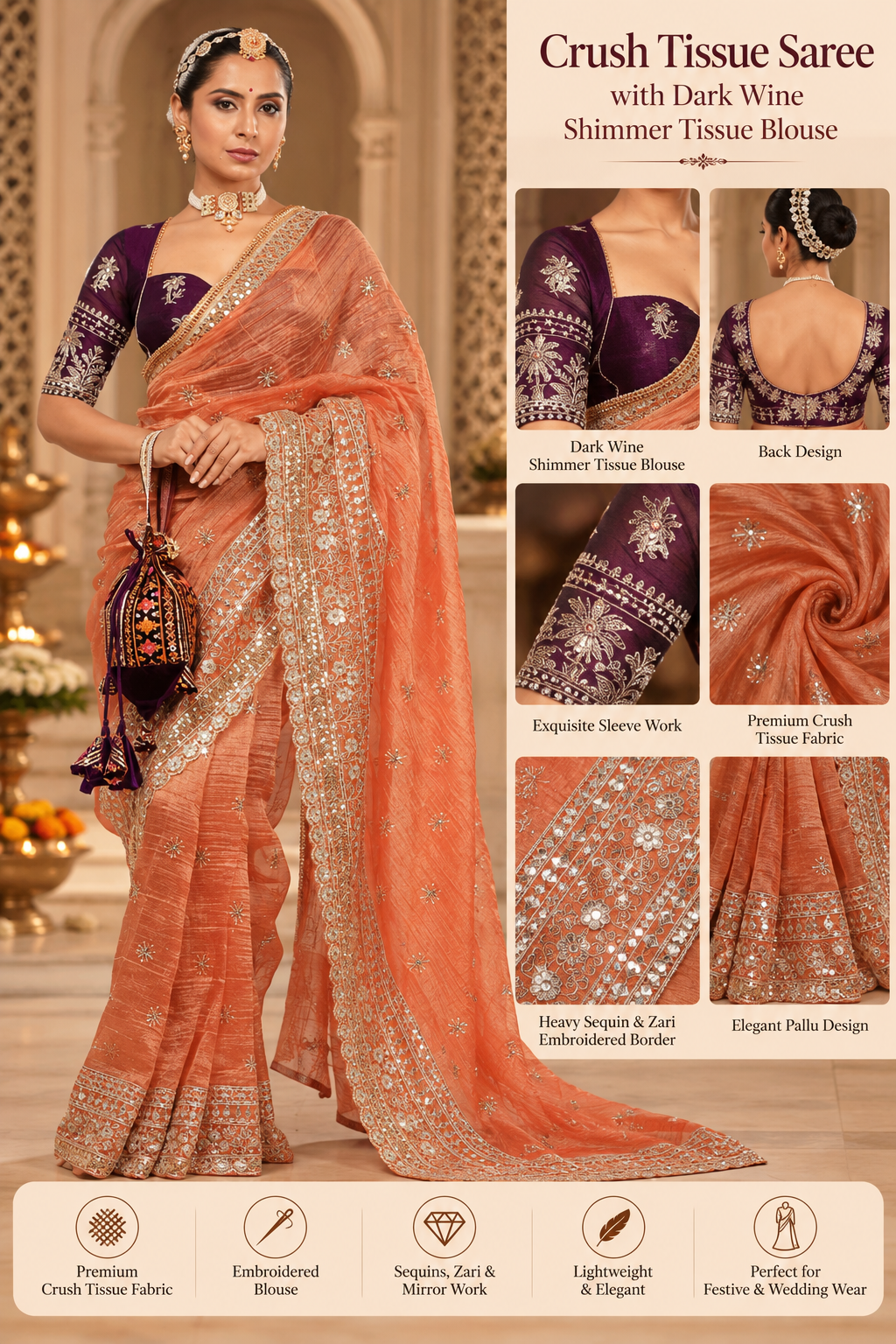 Crush Tissue Saree with Dark Wine Shimmer Tissue Blouse