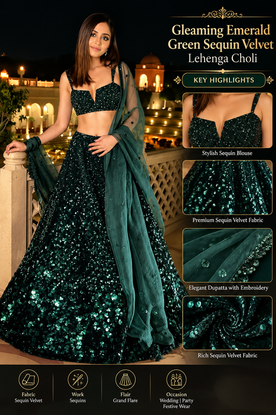 Gleaming Emerald Green Sequin Velvet Lehenga Choli