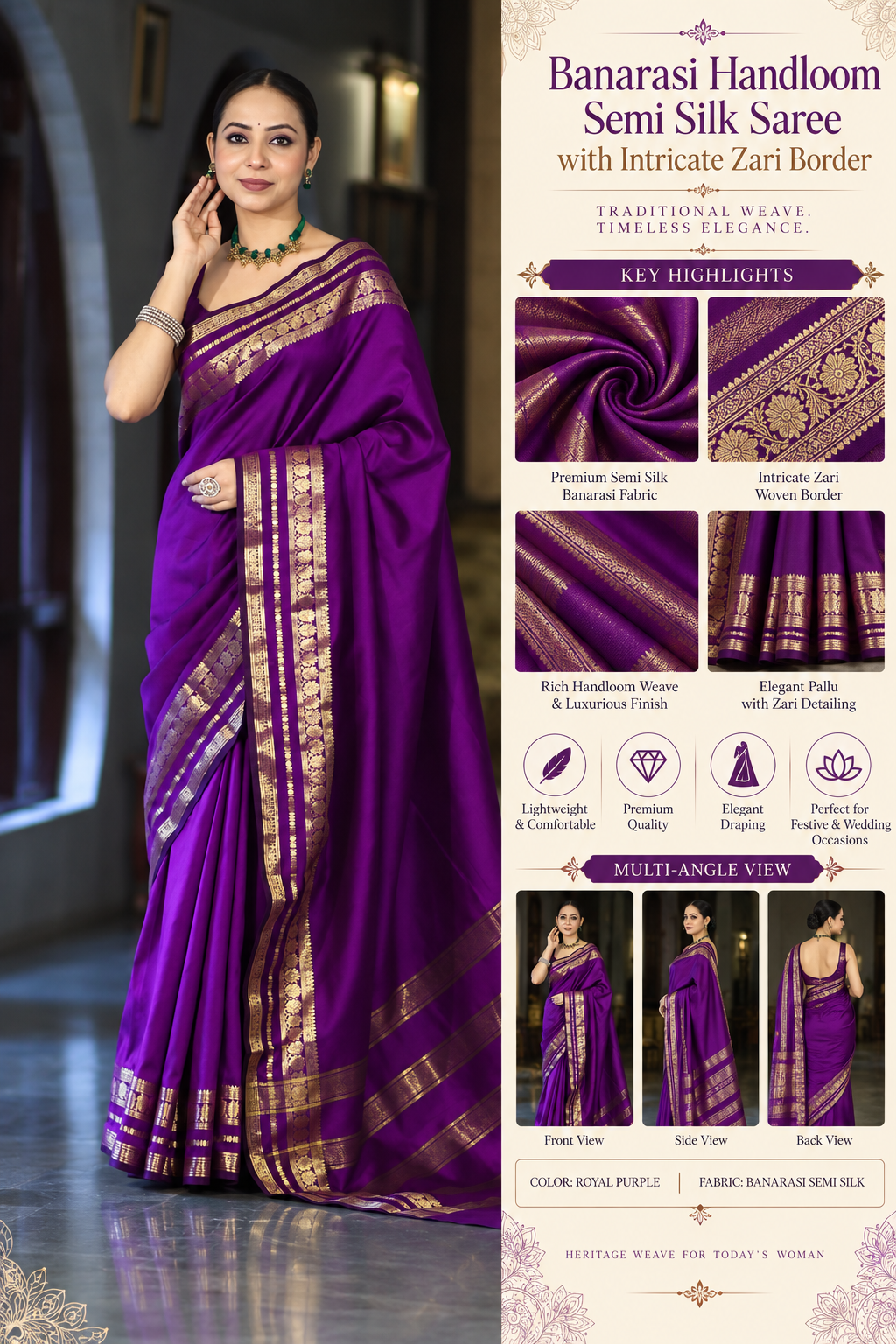 Banarasi Handloom Semi Silk Saree with Intricate Zari Border