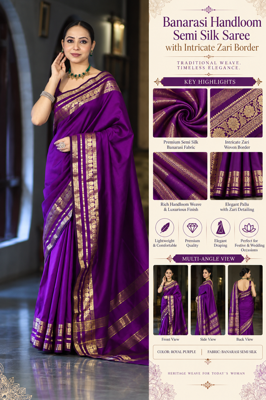 Banarasi Handloom Semi Silk Saree with Intricate Zari Border