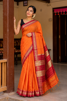 Handloom Cotton Silk Ilkal Saree With Pure Resham Pallu - Orange and Red Border