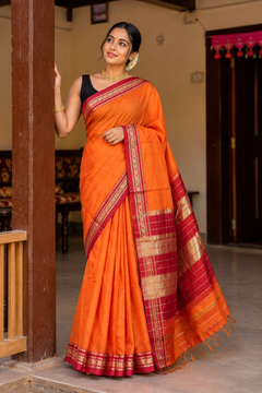 Handloom Cotton Silk Ilkal Saree With Pure Resham Pallu - Orange and Red Border