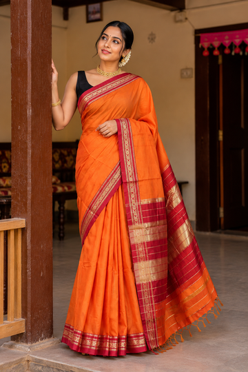 Handloom Cotton Silk Ilkal Saree With Pure Resham Pallu - Orange and Red Border